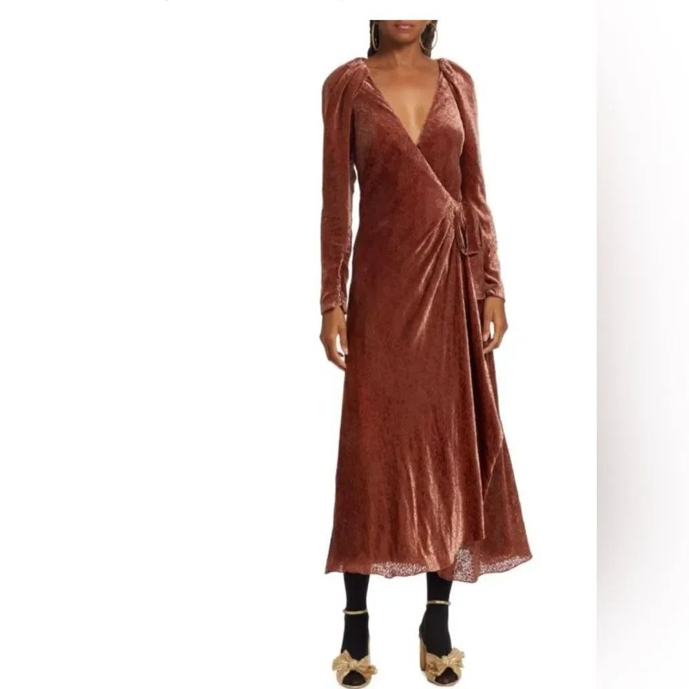 NEW Tanya Taylor Rosewood Velvet Wrap Long Sleeves Midi Dress Size 16